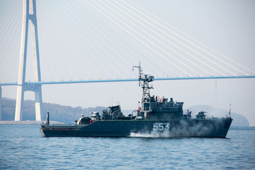 Fototapeta premium A Russian military ship stands on a roadstead in Peter the Great Bay near Vladivostok