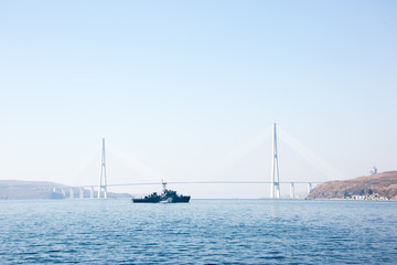 A Russian military ship stands on a roadstead in Peter the Great Bay near Vladivostok