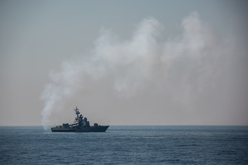 A Russian military ship stands on a roadstead in Peter the Great Bay near Vladivostok