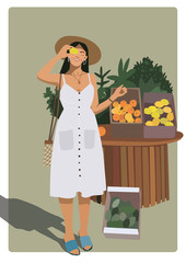  Stylish girl in fashionable clothes. Modern trendy flat illustration. Wall print. Abstract background.