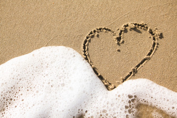 Heart-shaped images written on the sand are about to be erased by the waves.