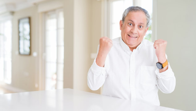 Handsome senior man at home celebrating surprised and amazed for success with arms raised and open eyes. Winner concept.