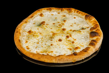 Pizza Quattro formaggi on black glass with reflection