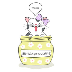 Furry antidepressant. Cute cartoon cat sitting in pill bottle. Hand drawn illustration