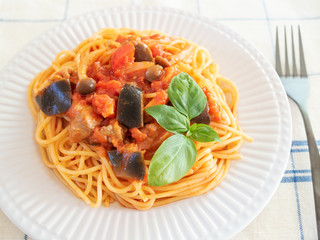 チキンと茄子のトマトソースパスタ