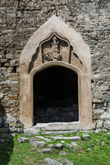 Fototapeta na wymiar Jajce, Bosnia and Herzegovina - July 16, 2019. Details of entrance in Jajce fortress