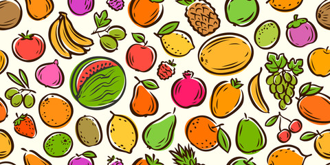 Fototapeta premium Fruits seamless background. Food cartoon vector illustration
