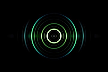 Abstract green circle effect with light blue rings sound waves oscillating on black background