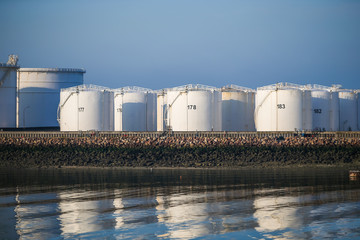 Fuel and oil storage tanks along the water at the port of Le Havre