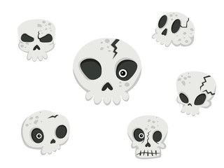 Collection of skulls. Concept cartoon skull in different . Halloween elements set. Vector clipart illustration isolated on white background