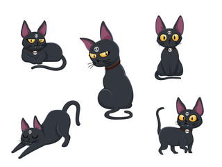 Collection of cats. Concept cartoon cat in different poses. Halloween elements set. Vector clipart illustration isolated on white background