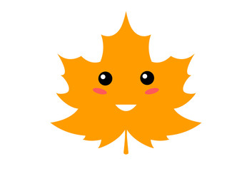 Cute and funny yellow cartoon maple leaf with a smile, blush and shiny black eyes. Autumn theme. Kawaii. Icon, symbol, design element.