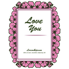 Ornate banner with lettering of love you, pink cute flower frame. Vector