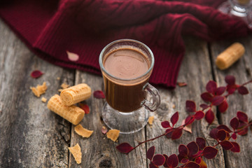 Cup of coffee. Cozy warm autumn winter composition in  yellow orange and burgundy tones