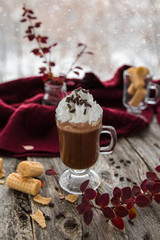 Cup of coffee. Cozy warm autumn winter composition in  yellow orange and burgundy tones