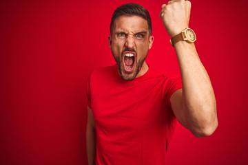 Young handsome man wearing casual t-shirt over red isolated background angry and mad raising fist frustrated and furious while shouting with anger. Rage and aggressive concept.