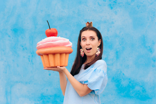 Birthday Woman Celebrating Holding Huge Cupcake