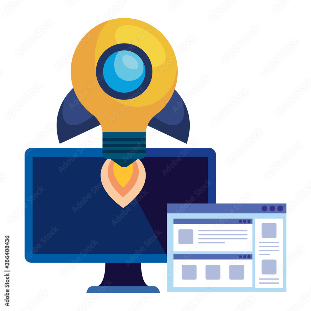 Poster desktop with rocket bulb and webpage template