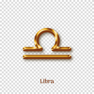 Libra golden zodiac sign with shadow isolated on transparent background. Luxury star sign for astrology horoscope prediction. Realistic gold design of horoscope constellation vector illustration