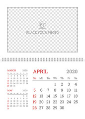 Wall calendar planner template for April 2020 year with place for photo. English vector layout with dates on white background. Week starts from Sunday. Corporate polygraphy minimal design for print