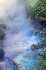 Geothermal steam rises from a heated running river at the Waimangu Volcanic Valley in Rotorua, New Zealand.