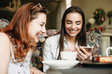 Charming caucasian brunette showing something to her plus size girlfriend on a smartphone while laughing in a cafe.