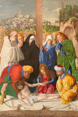 MALCESINE, ITALY - JUNE 13, 2019: The painting of Deposition of the Cross in church Chiesa di Santo Stefano by Girolamo dai Libri (1474 – 1555).