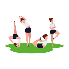 beauty girls group practicing pilates in the grass