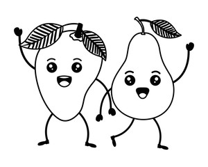 fresh mango and pear fruits kawaii characters