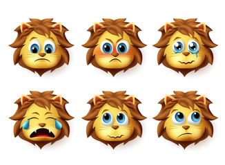 Lion animal emoji vector set. Cute emoji of lions face in sad and angry emotions and expressions isolated in white background. Vector illustration.