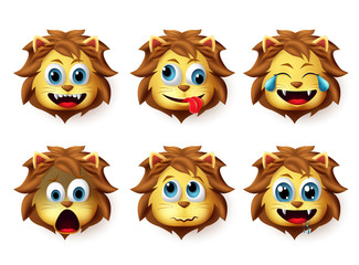 Emoji lion vector set. Lion animals emoji in happy and crazy facial expression isolated in white background. Vector illustration 3d realistic.