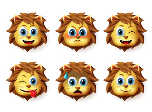 Lion animal emoticon vector set. Lion animals head emoji set with happy and funny face expression and emotion isolated in white background. Vector illustration.