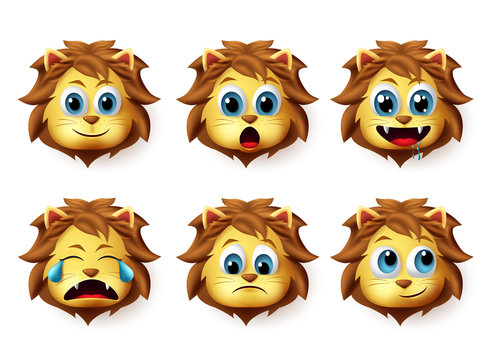 Lion animal emoticon vector set. Lions emoji and emoticon in cute happy facial expression isolated in white background. Vector illustration 3d realistic.