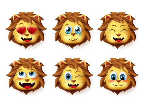 Lion animal emoji vector set. Lions emoticons with funny and inlove facial expressions for design elements isolated in white background. Vector illustration. 
