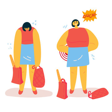 Back pain.Woman felt back pain while lifting heavy shopping bags.Woman dropped her bags and have a sore back. Flat.Vector illustration.