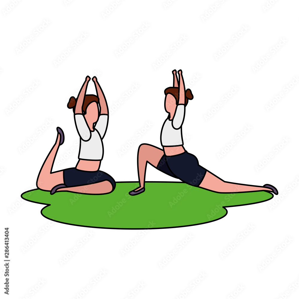 Wall mural beauty girls couple practicing pilates in grass