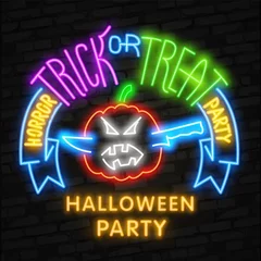 Fotobehang Halloween neon teken vector. Trick or treat Halloween ontwerpsjabloon met spook en web voor spandoek, poster, wenskaart, uitnodiging voor feest, lichte banner. © executioner4