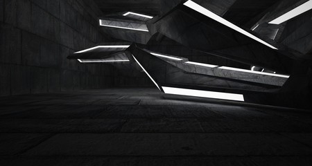 Abstract architectural concrete interior of a minimalist house with neon lighting. 3D illustration and rendering.