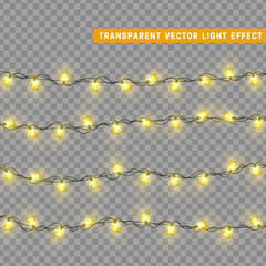Christmas lights in yellow color heart shape. Decorations design element Christmas glowing lights. Decorative Xmas realistic objects. Holiday decor set of garlands. vector illustration