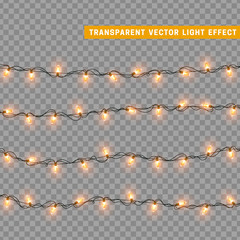 Christmas lights in orange and yellow color. Decorations design element Christmas glowing lights. Decorative Xmas realistic objects. Holiday decor set of garlands. vector illustration