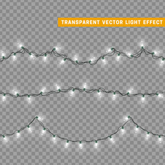 Christmas lights in white color. Decorations design element Christmas glowing lights. Decorative Xmas realistic objects. Holiday decor set of garlands. vector illustration