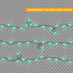 Christmas lights in green color heart shape. Decorations design element Christmas glowing lights. Decorative Xmas realistic objects. Holiday decor set of garlands. vector illustration