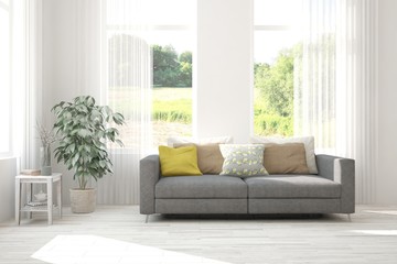 Stylish room in white color with sofa. Scandinavian interior design. 3D illustration