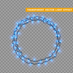 Christmas lights in blue color. Decorations design element Christmas glowing lights. Decorative Xmas realistic objects. Holiday decor round wreath, frame, from garland. vector illustration