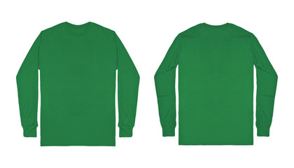 Blank plain green long sleeve t shirt front and back view isolated on white background. Set of long...
