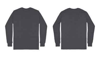 Blank plain dark grey long sleeve t shirt front and back view isolated on white background. Set of...