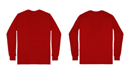 Blank plain red maroon long sleeve t shirt front and back view isolated on white background. Set of...