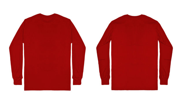 Blank Plain Red Maroon Long Sleeve T Shirt Front And Back View Isolated On White Background. Set Of Long Sleeve Tee, Ready For Your Mockup Design