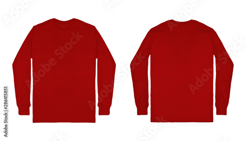 Download Blank Plain Red Maroon Long Sleeve T Shirt Front And Back View Isolated On White Background Set Of Long Sleeve Tee Ready For Your Mockup Design Wall Mural Dxs
