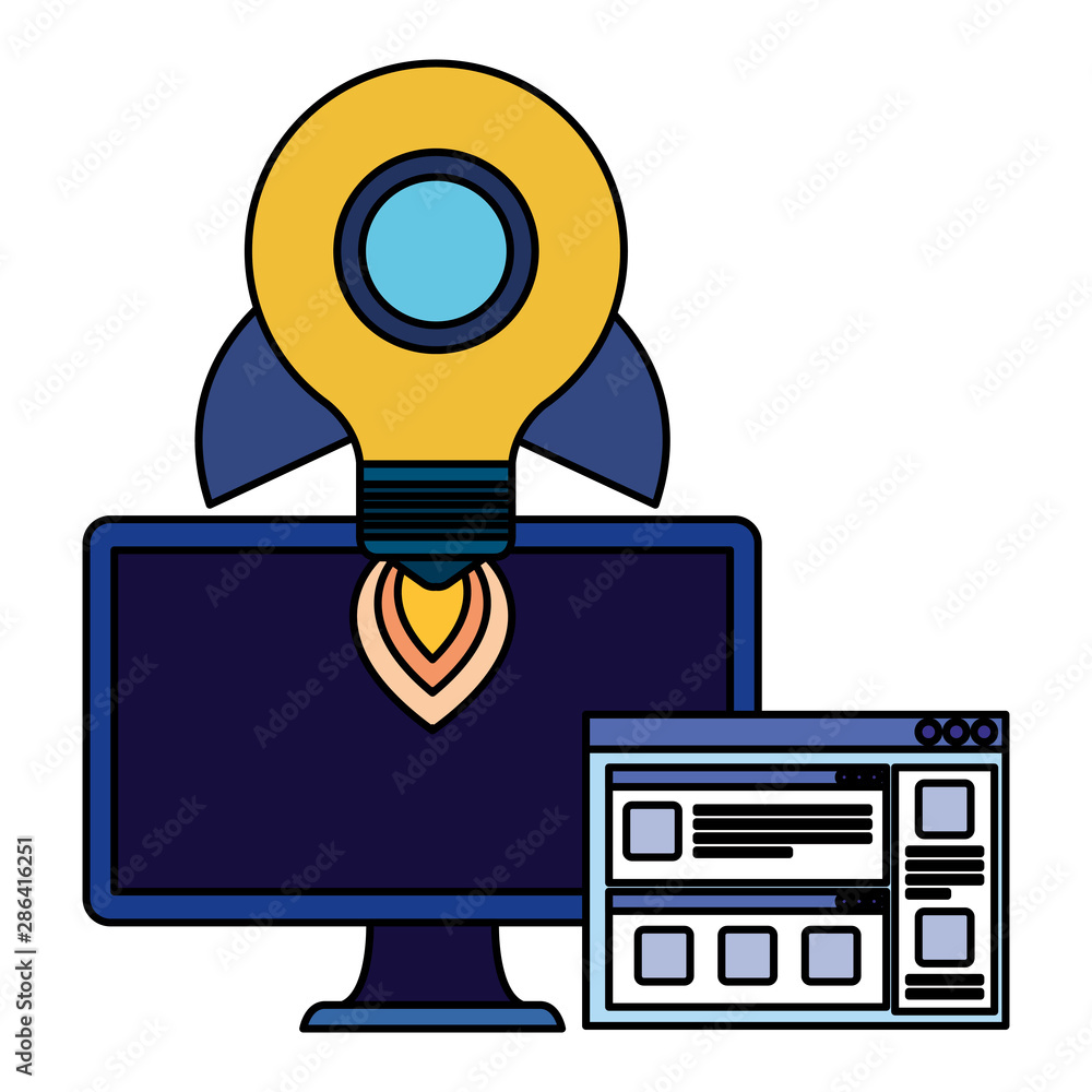 Poster desktop with rocket bulb and webpage template